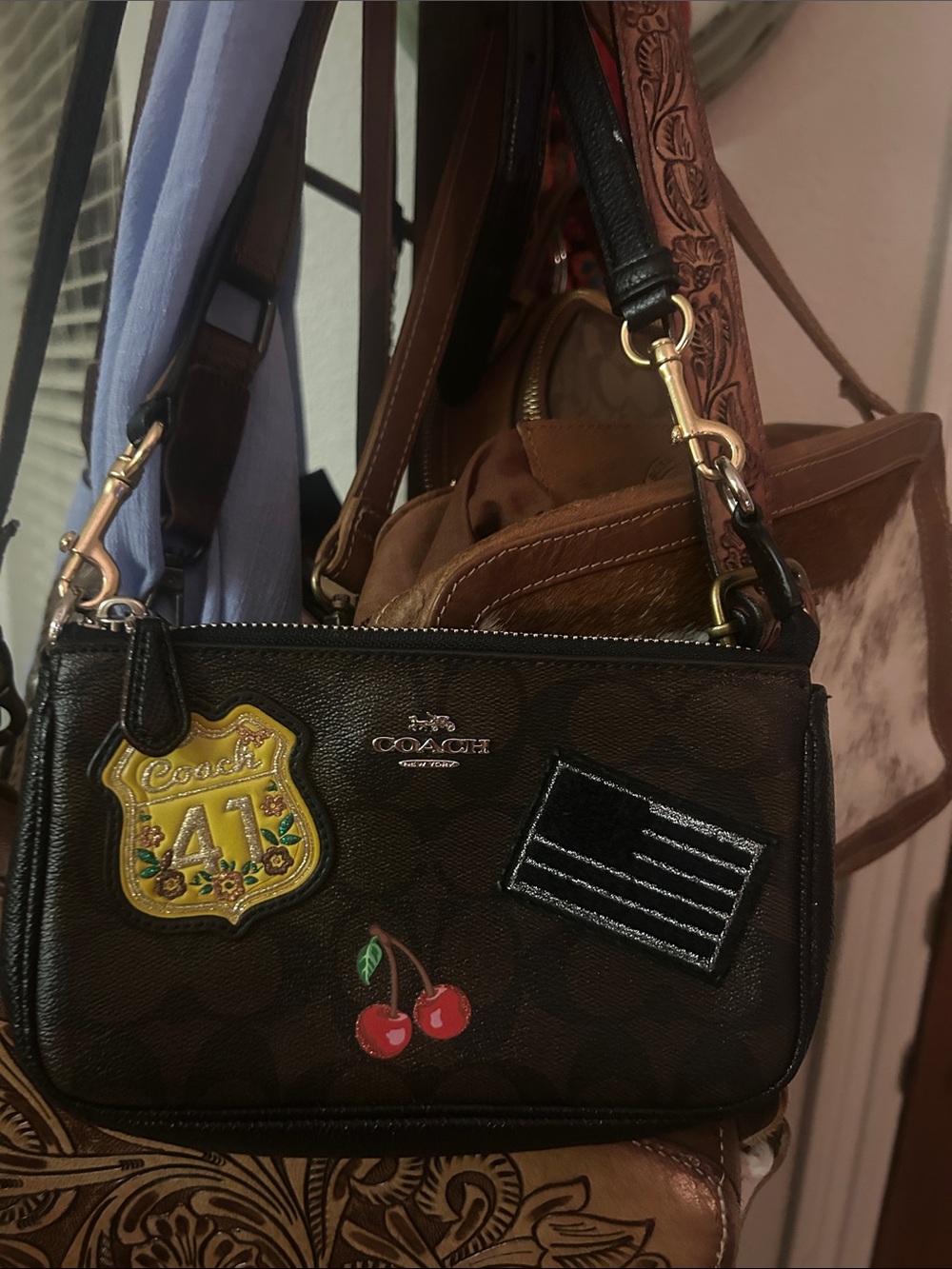 Coach Brown Signature Mini Wristlet with Cherry Patch VGUC